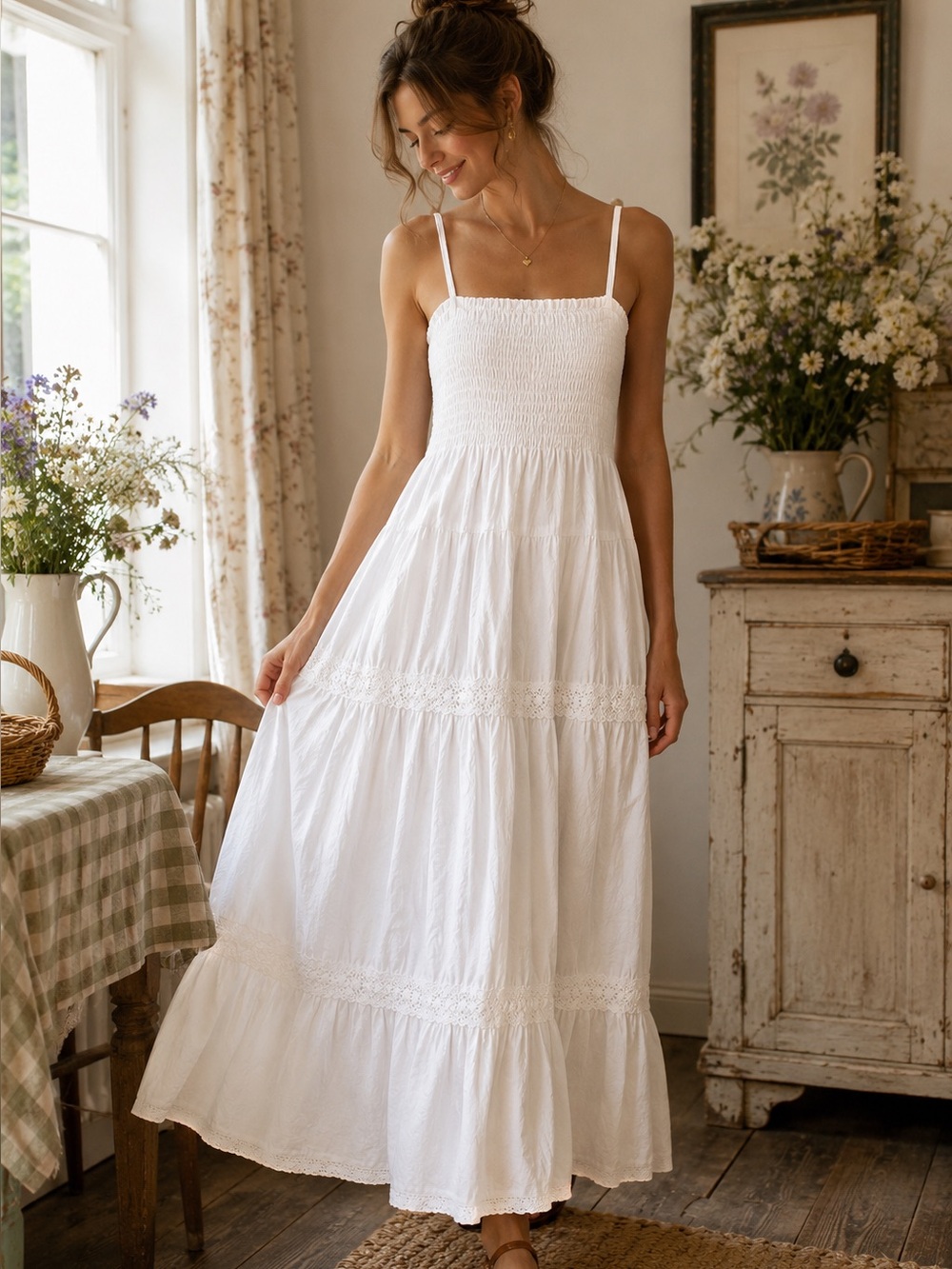 Smocked Bodice White Maxi Dress with Spaghetti Straps